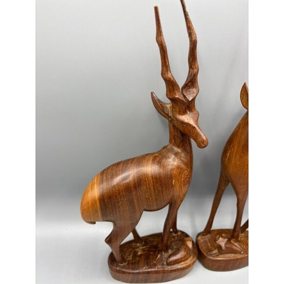Vtg 2 Pc Hand Carved Wooden Antelope Figurines Set Babies Africa - Picture 2 of 10